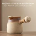 Ceramic tea pot with wooden handle and hemp rope, 700ml handmade coarse pottery design - 700ml / Fugui Jar Pot (White-Brown Gradient/700ml) / 19.6cmx11.7cm
