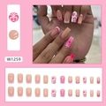 Pink heart press-on nails set with French tips and 3D floral accents in coffin shape - Pink Heart (W1259-Glue Type)