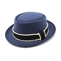Detailed view of dark blue wool pork pie hat with black textured ribbon and white trim - M (56-58cm) / Navy Blue