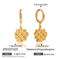Gold stainless steel earrings with waffle textured square pendants in a mirror reflection - Waffle Shape Pendant Hoop Earrings (JDE0207025)