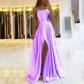 Elegant purple satin evening dress with spaghetti straps and high slit detail - S (US 2) / Purple