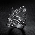 Rugged Viking wolf head ring in vintage silver and black stainless steel for men - US 7 / Vintage Silver-Black