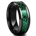 Polished black tungsten ring for men featuring vibrant green celtic dragon inlay - Black Green Dragon