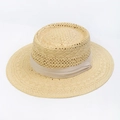 Detail of hand-woven straw hat showing light beige texture and ribbon decoration - Cream White French Boater Hat - White Ribbon