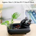 Ceramic tabletop water fountain with Little Monk statue and black matte basin 28.5cm - Blessing & Wealth - Black Square