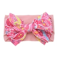 Pink elastic nylon headband for babies featuring a large colorful paisley bow tie - #23 Paisley