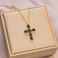 Vintage gold-plated titanium steel cross pendant necklace with black gemstones for women - 6045 Cross Black Zircon / Gold Black Zirconia