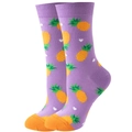 Detail of purple cotton crew socks with orange pineapple patterns and white hearts - EU 36-42 / Purple Pineapple