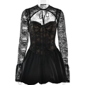 Elegant black lace long sleeve mini dress with hollow neckline and flared A-line skirt - S / Top And Bottom / Black