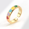 Adjustable gold open ring with colorful heart-shaped enamel patterns in dopamine style - Multicolor Heart Style (AJ762)