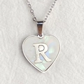 Heart pendant necklace with iridescent shell inlay and silver letter R charm - Letter R / Silver