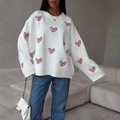 White drop shoulder knit sweater with red heart patterns and crew neck design - S / White Red