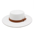 Detail of white wool boater hat featuring a brown leather strap and silver metal buckle - M (56-58cm) / White