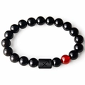 Bracelet Sagittaire en agate noire avec perles brillantes et pierre rouge - Sagittaire (Type 02)