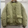 Short grass green quilted bomber jacket for women featuring ribbed knit trim and diamond texture - XS / Olive Green
