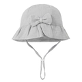 Detail of grey cotton baby sun hat featuring a large bow and adjustable chin strap - Light Gray