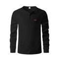 Detail of waffle knit fabric on black long sleeve henley shirt with polyester texture - Black