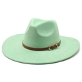 Close-up of mint green wide brim fedora with brown faux leather band and gold buckle - M(56-59CM) / Fluorescent Green