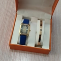 Montre femme dorée rectangulaire bracelet cuir bleu et bracelet LOVE en coffret cadeau - Style 13 (Sans boîte)