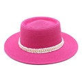 Detail of bright pink boater hat featuring woven straw texture and pearl bead trim band - M (56-58cm) / Rose Red