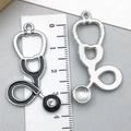 DIY stethoscope charm in black enamel and silver alloy with rhinestone details - Large Silver Black Stethoscope