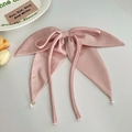 Pink satin bow hair clip featuring elegant long ribbons with delicate pearl pendant details - Ribbon Pearl Bow Hair Clip / Pink