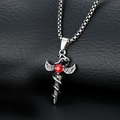 Gothic pendant with silver wings, cross sword, and red gem on black leather background - A-26