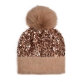 Berretto invernale in maglia con paillettes e pompon in ecopelliccia in oro rosa marrone - Taglia unica / Cachi