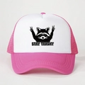 Pink and white trucker hat with raccoon print and Stay Trashy text for outdoor travel - One Size / Rose Red