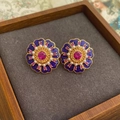 Vintage style gold earrings with deep purple enamel, pink crystals and white pearls - Pearl Flower Style (15#)