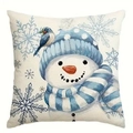 Weihnachtlicher Kissenbezug aus Leinen mit Schneemann und Schneeflocken für das Sofa - Schneemann & Vogel / 1 Stück