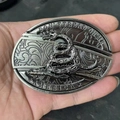Gadsden flag tiger head belt buckle with Gadsden snake and 'Don't Tread On Me' text - Gadsden Snake