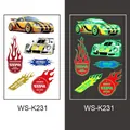 Luminous racing car waterproof tattoos for kids featuring glowing sports cars and flames - Racing Glow Style (WS-K231)
