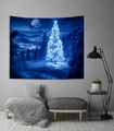 Tenture de Noël avec cèdre lumineux et paysage de village d'hiver au clair de lune - Pin Étoilé de Nuit de Neige Fantaisie