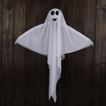 Hanging white glowing ghost pendant for Halloween decor on rustic wooden backdrop - Non-Glowing-Simple Smile Expression