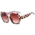 Women's oversized hexagonal sunglasses with pink leopard frames and golden V metal detail - Pink Leopard/Brown Gradient Lens