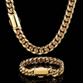 Polished gold 12mm Cuban link chain necklace and bracelet set with spring clasp - Bracelet 7 inch/17.78cm / Gold