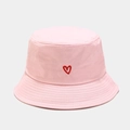 Close-up of red heart embroidery on a pink cotton bucket hat with parallel stitching - M (56-58cm) / Light Pink