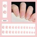 Pink gradient short square press-on nails with silver diagonal lines and 24pc set - Thai Milk Tea Nude (R400) with Glue