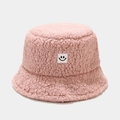 Dettaglio del tessuto in pile rosa e della toppa con faccina sorridente sul cappello - M (56-58cm) / Rosa Antico