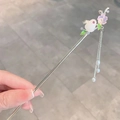Silver hair pin with white rabbit, pink flower, and hanging pearl tassels - Small Jade Rabbit