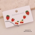 3 pairs of stainless steel strawberry and cherry stud earrings set on a white card - Style 2 (3 Pairs Studs)