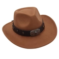 Detail of western brown felt hat with leather band and embossed bull head metal buckle - One Size / Khaki