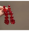 Elegant red faceted crystal bead tassel drop earrings held by hand in soft light - Red Crystal Beaded Tassel (3# Silver Pin)