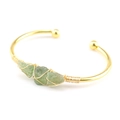 Handmade gold wire wrapped cuff bracelet with three green raw crystal stones - Olive Green