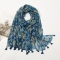 Floral cotton linen scarf with tassels, vintage nature style shawl on white background - Blue Green Forest Floral (XB110)