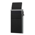 Detail of slim gunmetal RFID aluminum card holder with mechanical pop-up feature - Side-push Grey + Black Flat Sticker