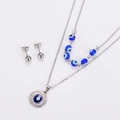 Silver stainless steel layered necklace with Turkish eye beads and round pendant set - Blue & Silver