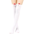 Detail of white thigh-high Christmas socks featuring a 3D Santa Claus doll on the cuff - One Size / White