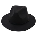 Vue détaillée d'un chapeau fedora en feutre noir à large bord avec boucle dorée - Bord Plat pour Enfants (54cm) / Noir